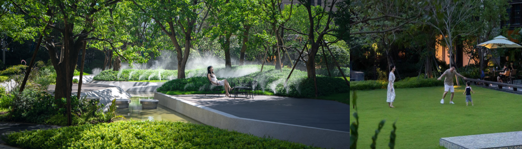 乌市石湾雅山壹号院园区内还采用了雾森系统，增加空气湿度！